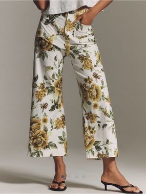 NWT Anthropologie Maeve Colette Crop Wide-Leg Linen Blend Pants Yellow Floral 27